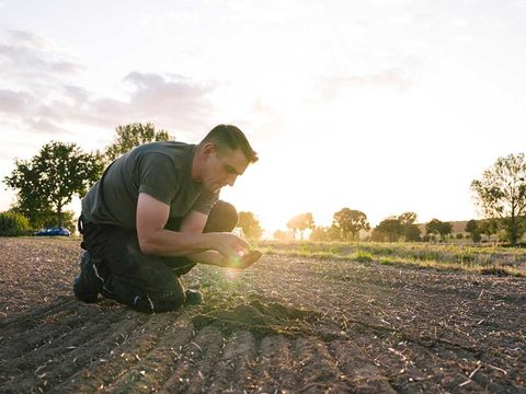Agricultor calculando semillas