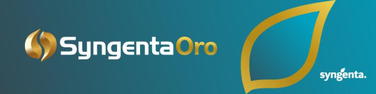 Logotipo de Syngenta Oro sobre fondo azul con símbolo dorado de hoja